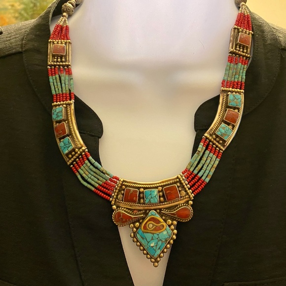 NEPAL JEWELRY 925 SILVER PLATED TIBETAN CORAL TURQUOISE NECKLACE - Picture 5 of 8